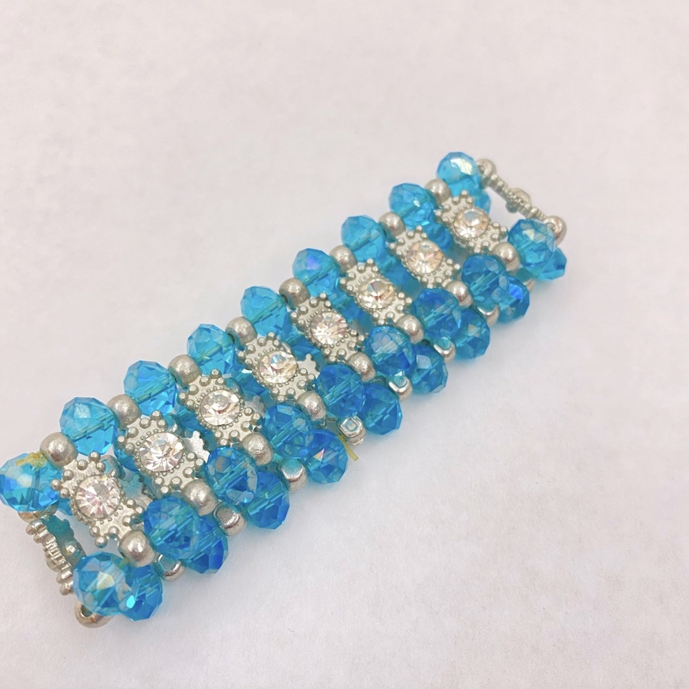 Blue & Silver Rhinestone Diamante Crystal Beaded Elegant Boho Bracelet